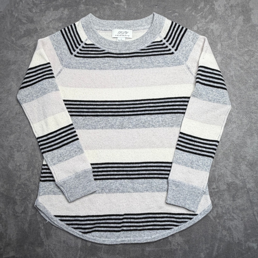 PLY Cashmere Sweater Womens Small Gray Striped 100% Cashmere Raglan Crew Neck